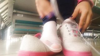 Public Shoeplay | Latina Taking off Sneakers & Nylon Socks