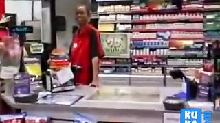 Black Store Clerk sucks white cock on the job Ebony