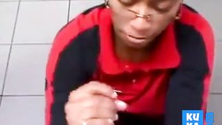 Black Store Clerk sucks white cock on the job Ebony