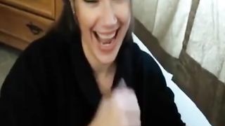 Girl jerks off her boyfriend and takes load in mouth 2
