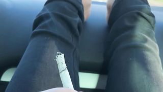 Smoking and barefooted in the car