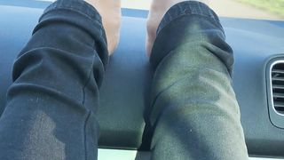 Smoking and barefooted in the car