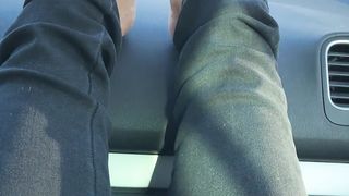 Smoking and barefooted in the car