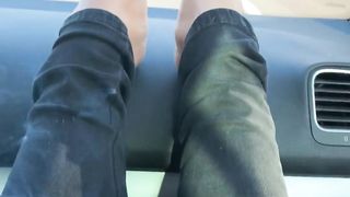 Smoking and barefooted in the car