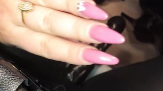 Teaser in Shiny leggings, overknee boots and a nice big strap-on ready to be used