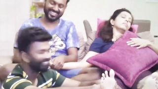 Three slaves massaging indian mistress