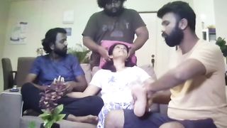 Three slaves massaging indian mistress
