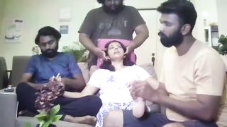 Three slaves massaging indian mistress