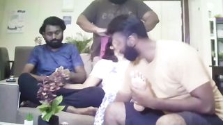 Three slaves massaging indian mistress