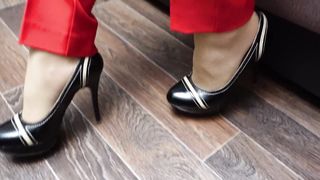 Sexy Girl in Pants Pantyhose Shoes Shows her Legs Foot Feet Fetish