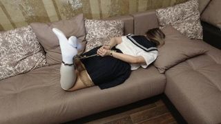Schoolgirl in Shackles and Handcuffs, Stockings White Knee Socks, Uniform Show Legs Feet Foot Fetish