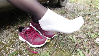 Sexy Girl in Stockings Shows her Legs and Wears Dress White Socks Feet Foot Fetish