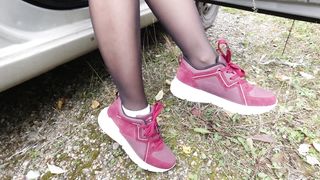 Sexy Girl in Stockings Shows her Legs and Wears Dress White Socks Feet Foot Fetish