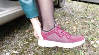 Sexy Girl in Stockings Shows her Legs and Wears Dress White Socks Feet Foot Fetish