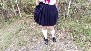 Sexy Girl in School Uniform White Socks Pissing Outdoors Pussy
