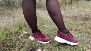 Sexy Girl in Stockings Walks in Nature Showing Legs Feet Foot Fetish