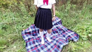 Schoolgirl in Uniform Shows Legs Feet Foot in White Knee Socks and Pantyhose under Skirt
