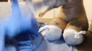 Girl uses vibe to squirt on mirror