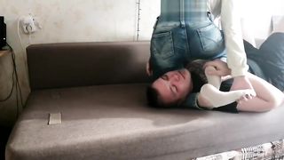 Reverse headscissors facesitting in jeans young girl