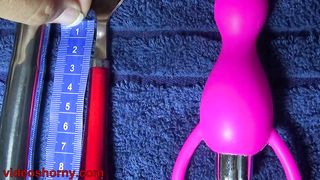 Playing to fuck cervix with big balls, carrot and dildo