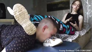 Young goddess degrade her foor boy