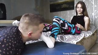 Young goddess degrade her foor boy