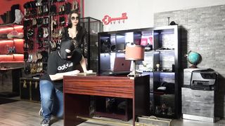Mistress Gaia at office with strapon