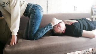 Reverse Headscissors Facesitting in Jeans Young Girl 19 Yo