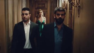 Blonde in night dress vs two guys