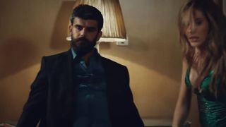 Blonde in night dress vs two guys