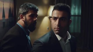 Blonde in night dress vs two guys