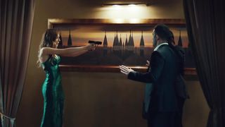 Blonde in night dress vs two guys