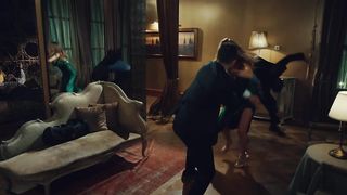 Blonde in night dress vs two guys