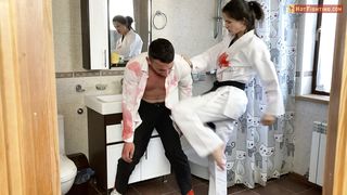 Karate girl  Sonya destroy a man