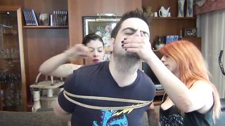 Three ladies forcibly hogtie male